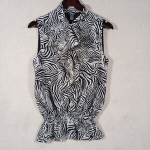 Kenneth Cole Reaction Brack & White Zebra Strip Sleeveless Blouse Flounce